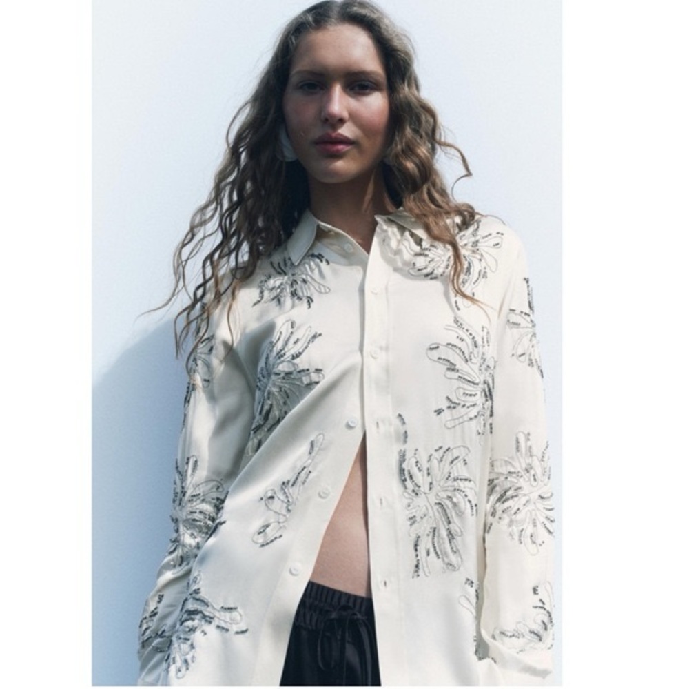 Zara Cream Embellished Beaded Button-Up Blouse
